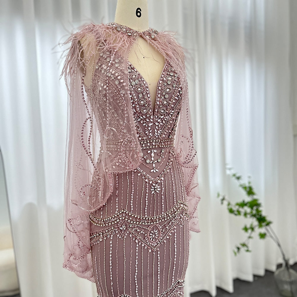 Dreamy Vow Champagne Mermaid Evening Dress with Feathers Shawl Cape Luxury Dubai Prom Dresses Long Graduation Formal Gown 039