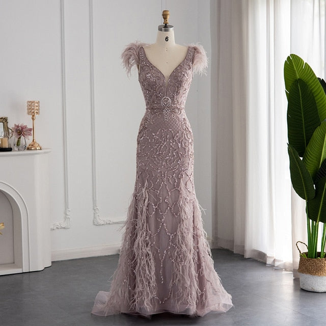 Dreamy Vow Champagne Mermaid Feathers Evening Dress Luxury Dubai Prom Dresses Arabic Women Elegant Wedding Formal Party Gowns