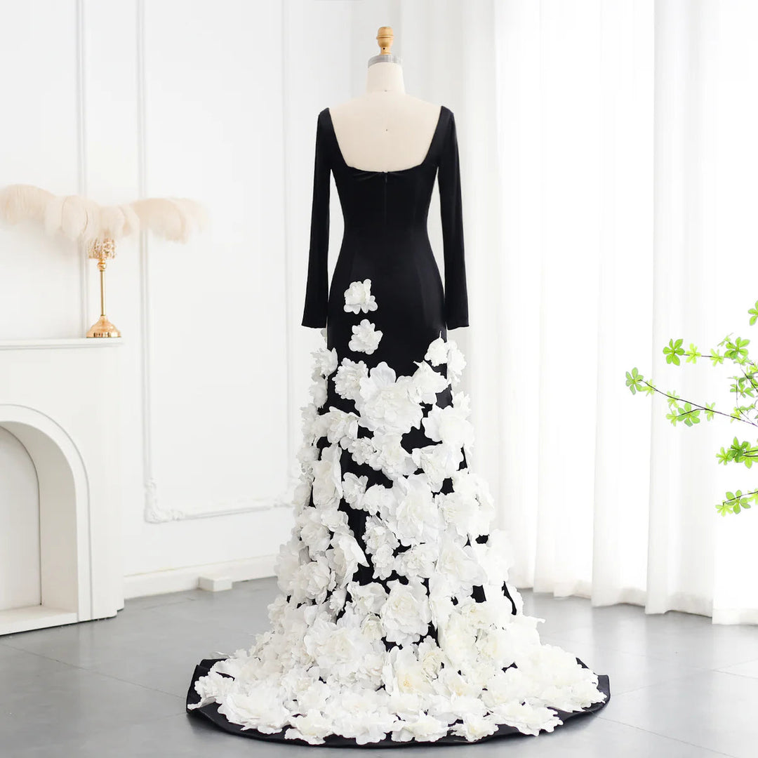 Dreamy Vow Chic 3D Blumen Schwarz Samt Meerjungfrau Abendkleider mit Handschuhen Trägerlosen Arabisch Frauen Hochzeit Party Kleider SS248