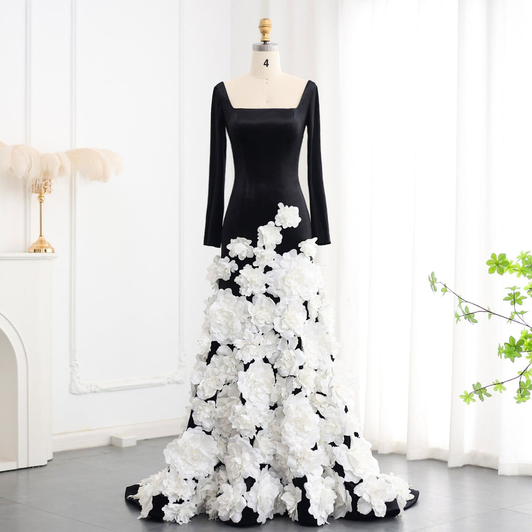 Dreamy Vow Chic 3D Blumen Schwarz Samt Meerjungfrau Abendkleider mit Handschuhen Trägerlosen Arabisch Frauen Hochzeit Party Kleider SS248