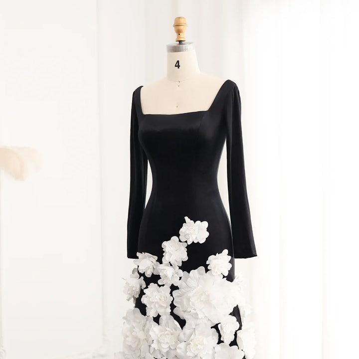 Dreamy Vow Chic 3D Blumen Schwarz Samt Meerjungfrau Abendkleider mit Handschuhen Trägerlosen Arabisch Frauen Hochzeit Party Kleider SS248