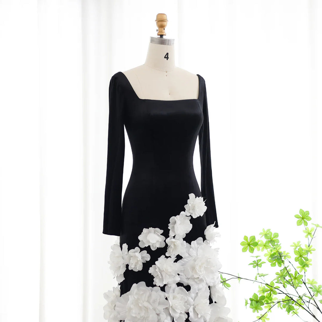 Dreamy Vow Chic 3D Blumen Schwarz Samt Meerjungfrau Abendkleider mit Handschuhen Trägerlosen Arabisch Frauen Hochzeit Party Kleider SS248