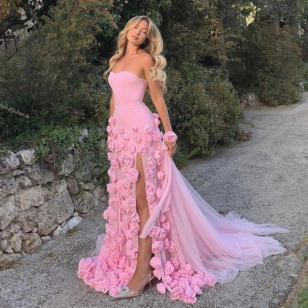 Dreamy Vow Chic Baby Pink 3D Flowers Mermaid Evening Dress 2024 Elegant Sweetheart Side Slit Sexy Girls Prom Party Gowns SF009-DreamyVow