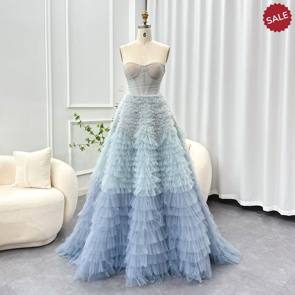 Dreamy Vow Chic Blue Ombre Tiered Ruffles Evening Dresses 2023 Luxury Dubai Ball Gown Prom Dress for Women Wedding Party SF086-DreamyVow