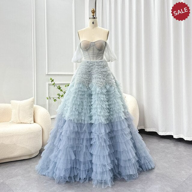 Dreamy Vow Chic Blue Ombre Tiered Ruffles Evening Dresses 2023 Luxury Dubai Ball Gown Prom Dress for Women Wedding Party SF086-DreamyVow