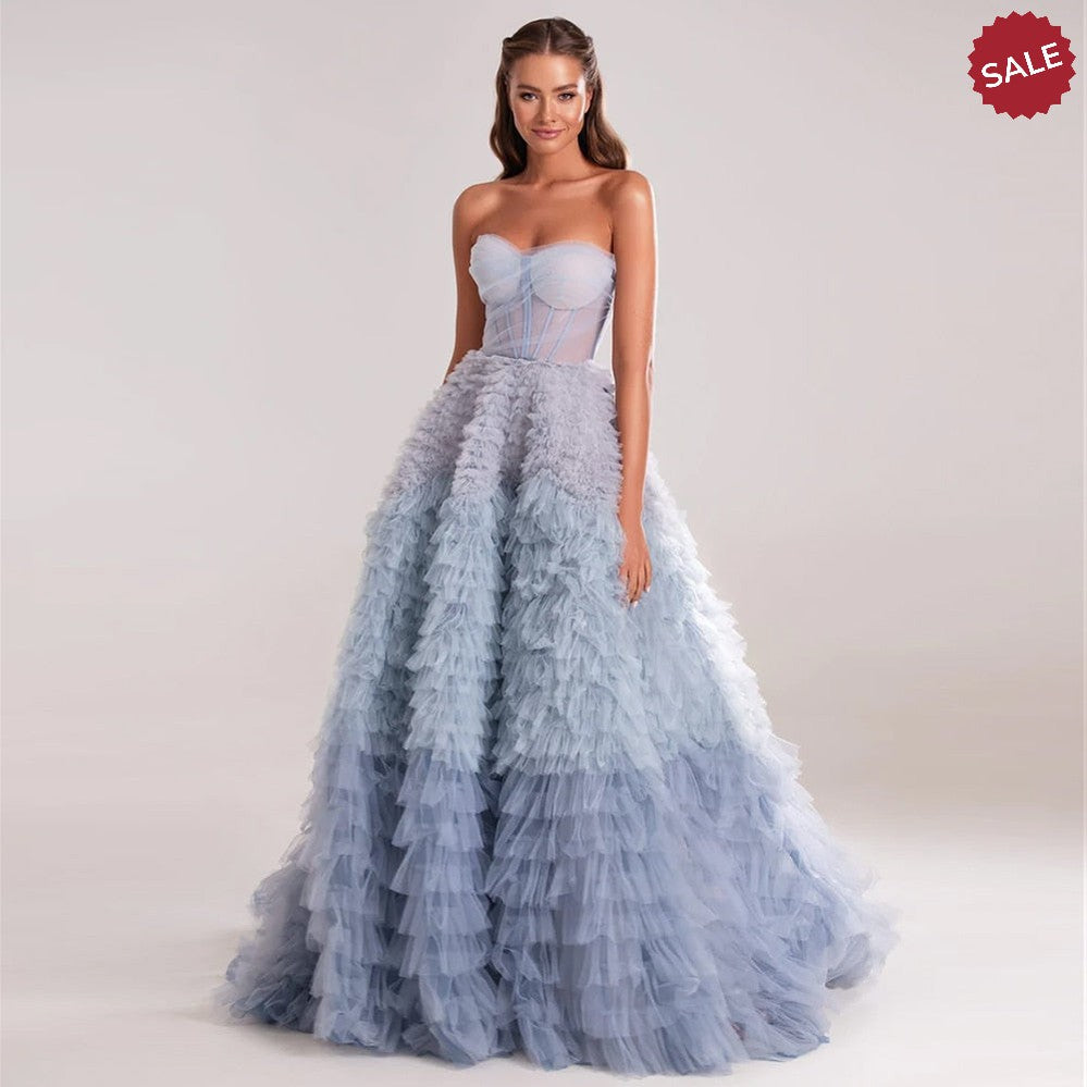 Dreamy Vow Chic Blue Ombre Tiered Ruffles Evening Dresses 2023 Luxury Dubai Ball Gown Prom Dress for Women Wedding Party SF086-DreamyVow