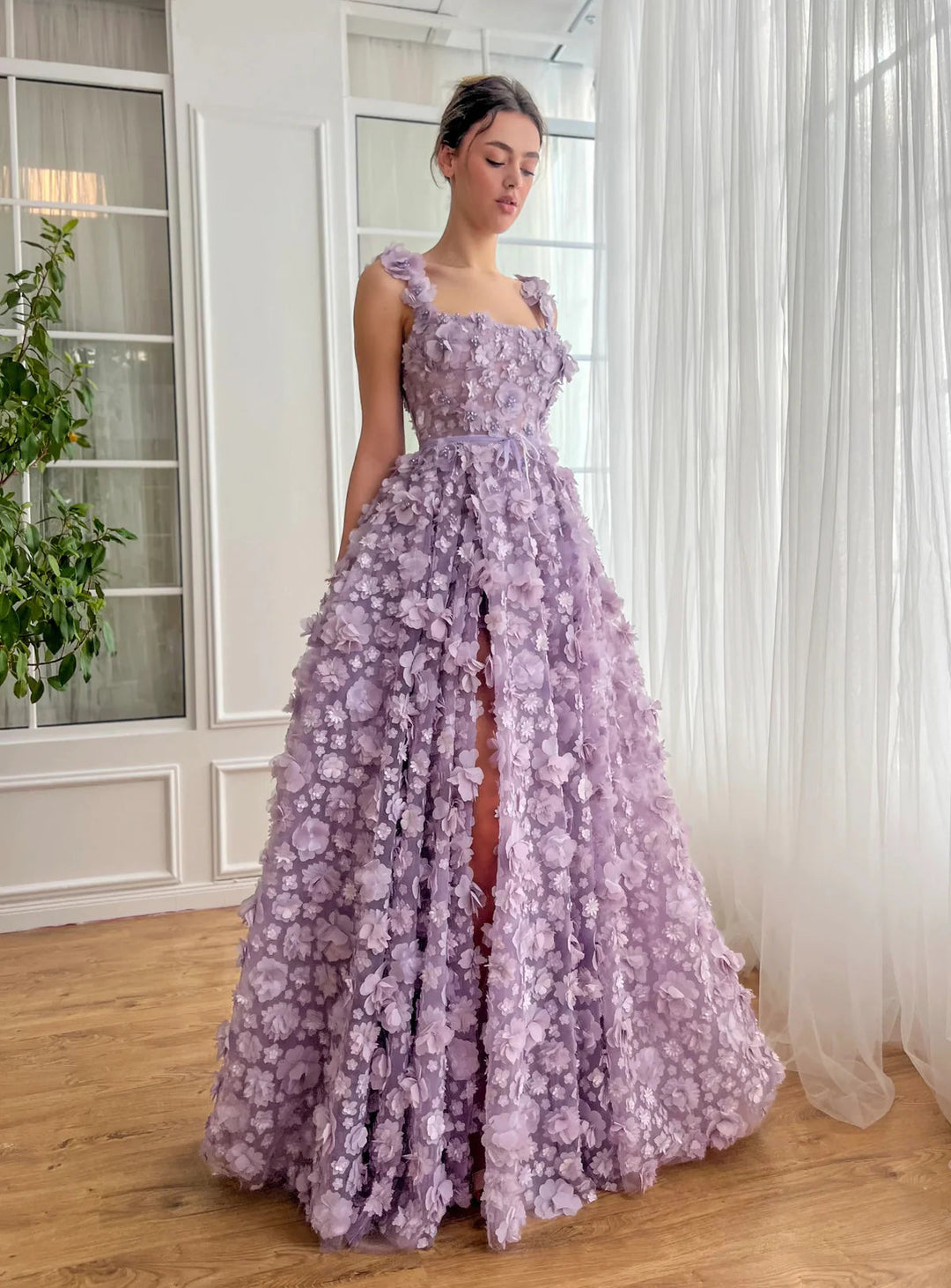 Dreamy Vow Chic Lilac 3D Embroidered Flowers Evening Dress for Women Wedding High Slit Long Formal Birthday Party Gowns SS357-DreamyVow