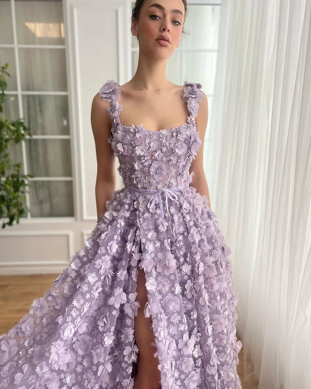 Dreamy Vow Chic Lilac 3D Embroidered Flowers Evening Dress for Women Wedding High Slit Long Formal Birthday Party Gowns SS357-DreamyVow