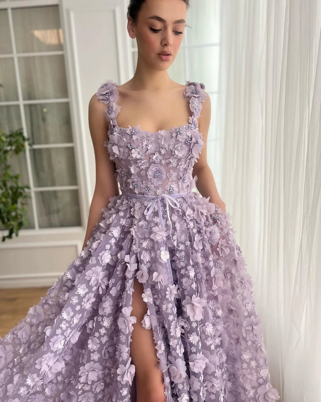 Dreamy Vow Chic Lilac 3D Embroidered Flowers Evening Dress for Women Wedding High Slit Long Formal Birthday Party Gowns SS357-DreamyVow