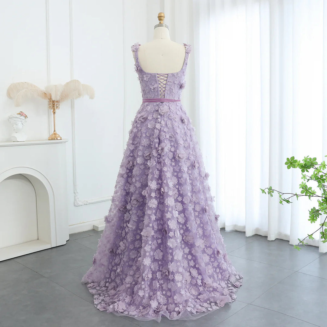 Dreamy Vow Chic Lilac 3D Embroidered Flowers Evening Dress for Women Wedding High Slit Long Formal Birthday Party Gowns SS357-DreamyVow