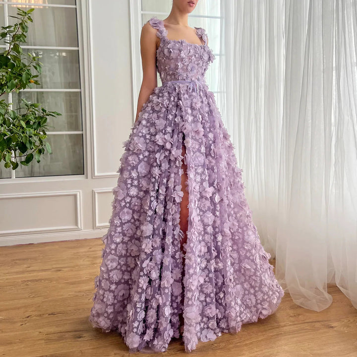 Dreamy Vow Chic Lilac 3D Embroidered Flowers Evening Dress for Women Wedding High Slit Long Formal Birthday Party Gowns SS357-DreamyVow