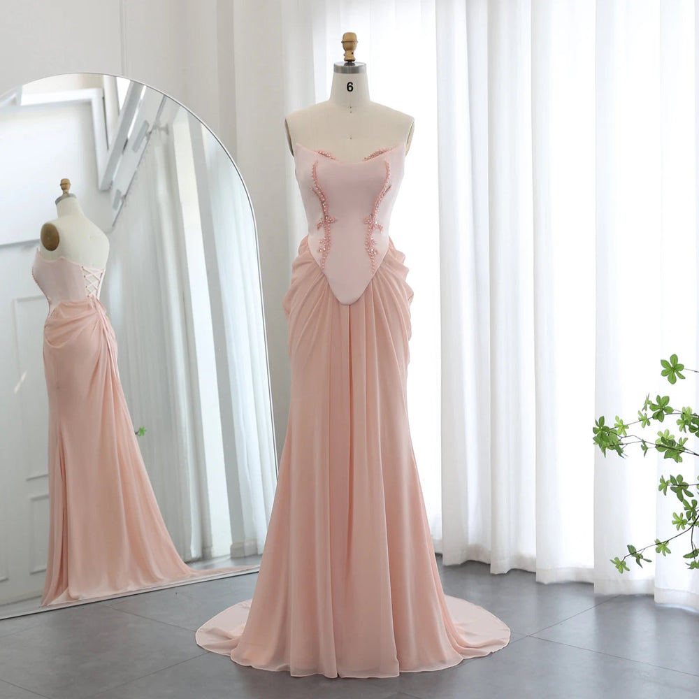 Dreamy Vow Dreamy Vow Blush Pink Handmade Draped Chiffon Mermaid Evening Dresses Corset Beaded Wedding Formal Party Bridesmaid Dress SS220-DreamyVow