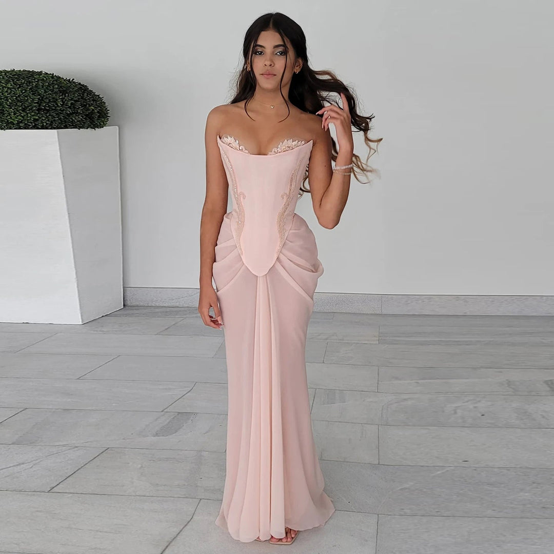 Dreamy Vow Dreamy Vow Blush Pink Handmade Draped Chiffon Mermaid Evening Dresses Corset Beaded Wedding Formal Party Bridesmaid Dress SS220-DreamyVow