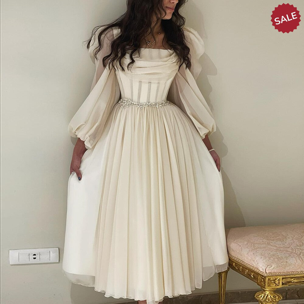 Dreamy Vow Dubai Beige Short Midi Arabic Evening Dress with Belt Long Sleeves Tea Length Women Formal Wedding Party Gowns SS393-DreamyVow