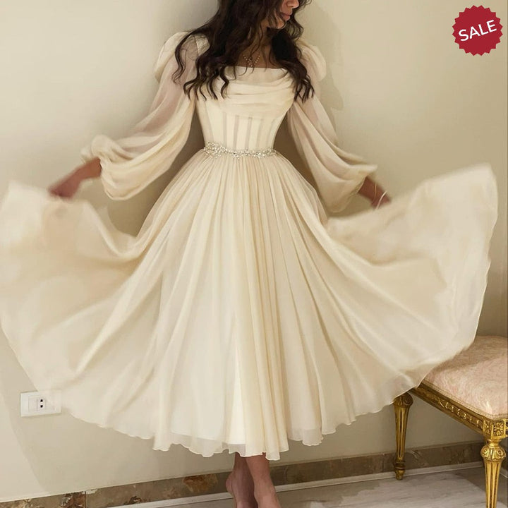 Dreamy Vow Dubai Beige Short Midi Arabic Evening Dress with Belt Long Sleeves Tea Length Women Formal Wedding Party Gowns SS393-DreamyVow