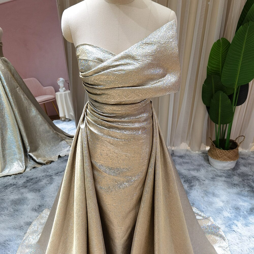 Dreamy Vow Dubai Gold Mermaid Evening Dress with Overskirt Luxury Long Prom Formal Dresses Black Girls Wedding Party Gowns SS297-DreamyVow