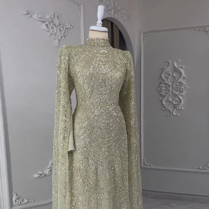 Dreamy Vow Dubai Sage Green Muslim Evening Dress High Neck for Arabic Women Wedding Party SS260-DreamyVow