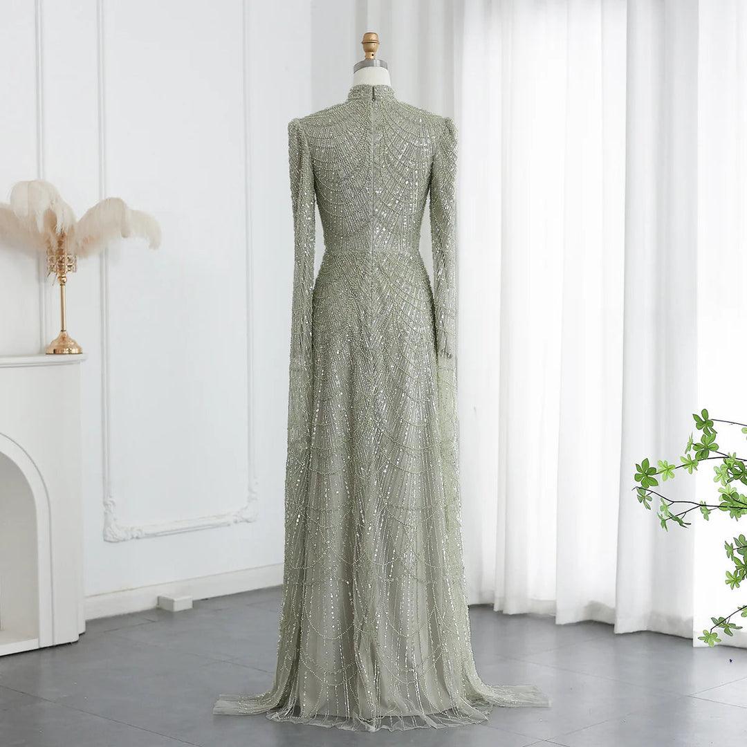 Dreamy Vow Dubai Sage Green Muslim Evening Dress High Neck for Arabic Women Wedding Party SS260-DreamyVow