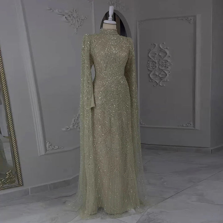 Dreamy Vow Dubai Sage Green Muslim Evening Dress High Neck for Arabic Women Wedding Party SS260-DreamyVow