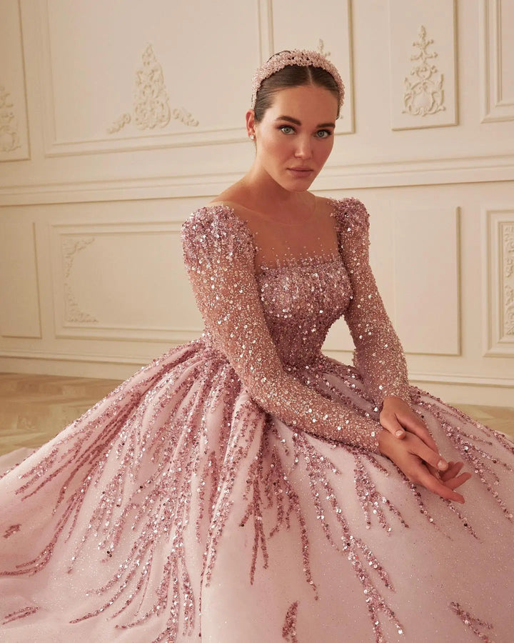 Dreamy Vow Dusty Pink Long Sleeves Dubai Luxury Evening Dresses for Women Wedding Party Arabic Muslim Formal Prom Gowns SS453-DreamyVow