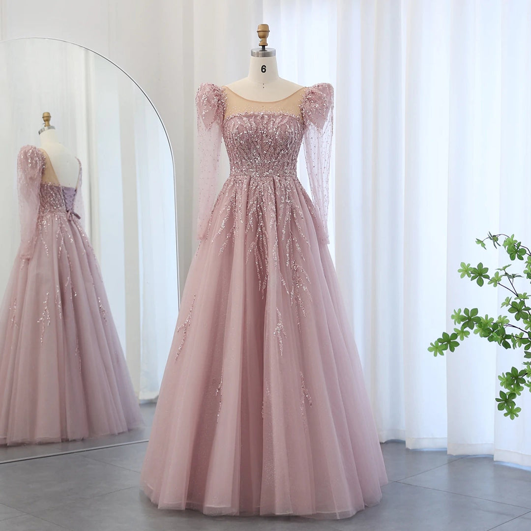 Dreamy Vow Dusty Pink Long Sleeves Dubai Luxury Evening Dresses for Women Wedding Party Arabic Muslim Formal Prom Gowns SS453-DreamyVow