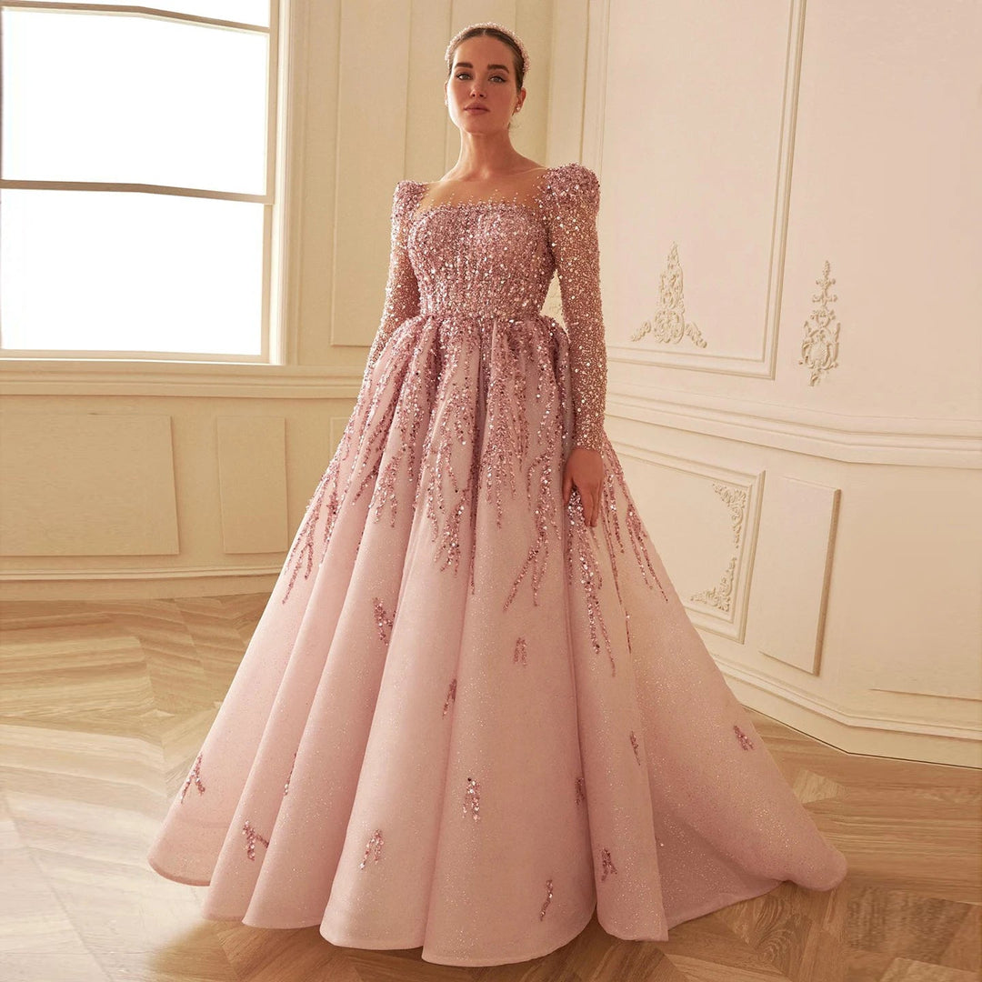 Dusty Pink Long Sleeves Dubai Luxury Evening Dresses SS453