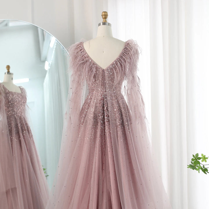 Dreamy Vow Dusty Pink Luxury Feathers Arabic Evening Dresses with Cape Elegant Women Dubai Turkey Wedding Party Gowns SS406-DreamyVow