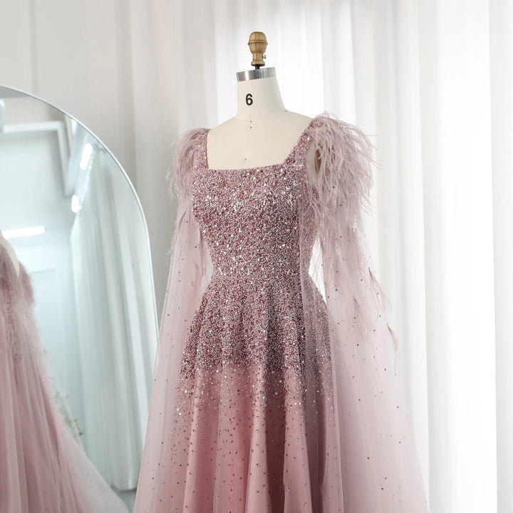 Dreamy Vow Dusty Pink Luxury Feathers Arabic Evening Dresses with Cape Elegant Women Dubai Turkey Wedding Party Gowns SS406-DreamyVow