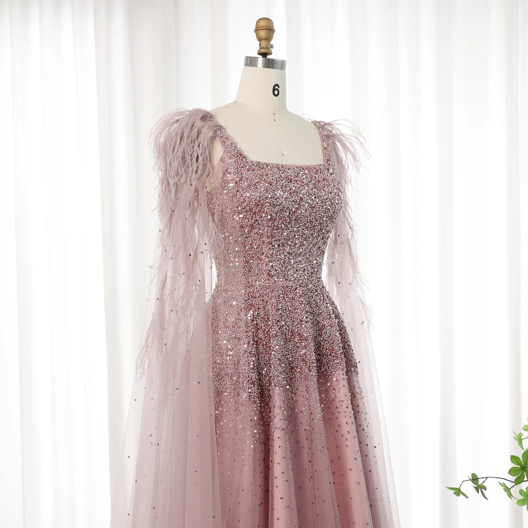 Dreamy Vow Dusty Pink Luxury Feathers Arabic Evening Dresses with Cape Elegant Women Dubai Turkey Wedding Party Gowns SS406-DreamyVow