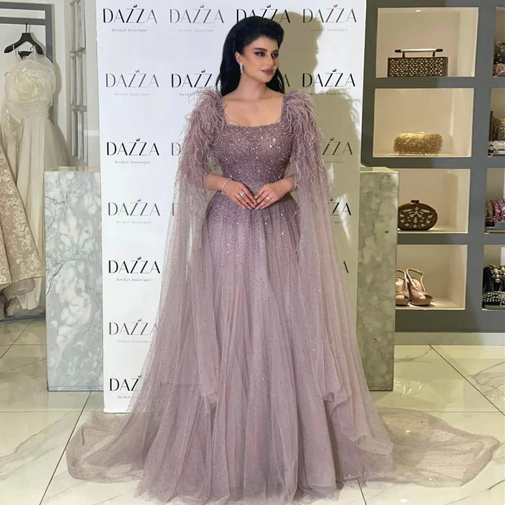 Dreamy Vow Dusty Pink Luxury Feathers Arabic Evening Dresses with Cape Elegant Women Dubai Turkey Wedding Party Gowns SS406-DreamyVow