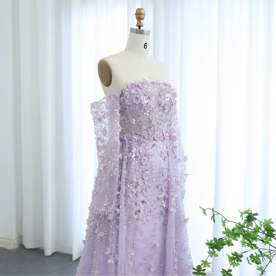 Dreamy Vow Elegant 3D Flowers Pink Luxury Dubai Evening Dress with Overskirt Lilac Long Sleeves Women Wedding Party Gown SS352-DreamyVow