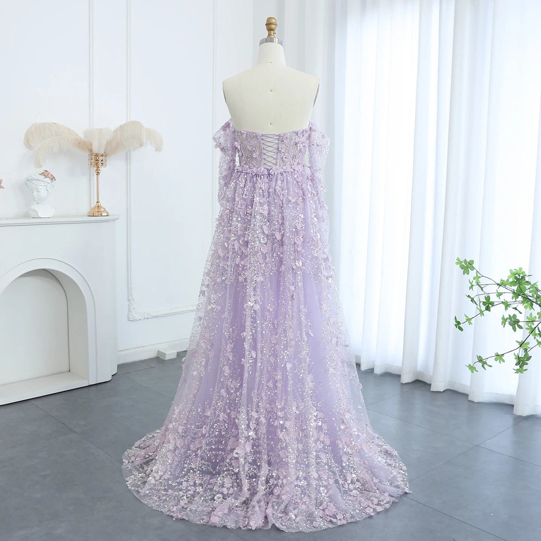 Dreamy Vow Elegant 3D Flowers Pink Luxury Dubai Evening Dress with Overskirt Lilac Long Sleeves Women Wedding Party Gown SS352-DreamyVow