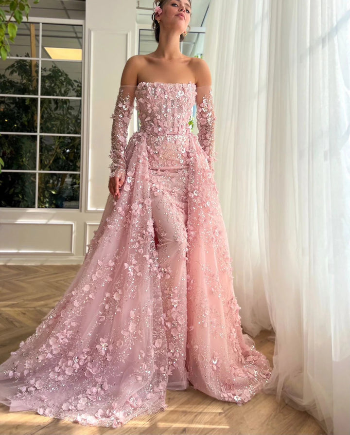 Dreamy Vow Elegant 3D Flowers Pink Luxury Dubai Evening Dress with Overskirt Lilac Long Sleeves Women Wedding Party Gown SS352-DreamyVow