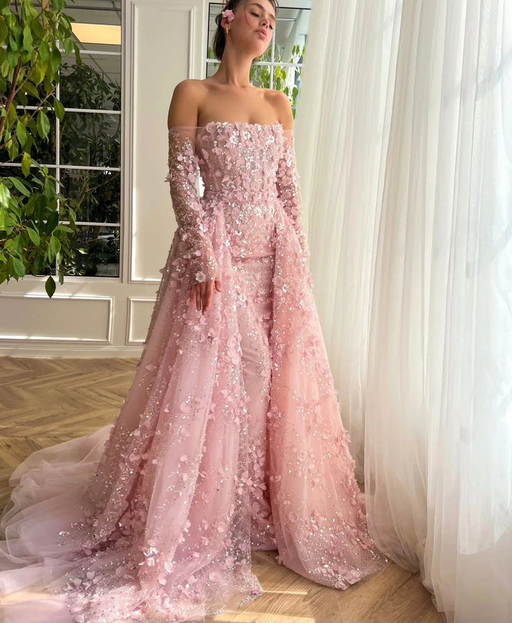 Dreamy Vow Elegant 3D Flowers Pink Luxury Dubai Evening Dress with Overskirt Lilac Long Sleeves Women Wedding Party Gown SS352-DreamyVow