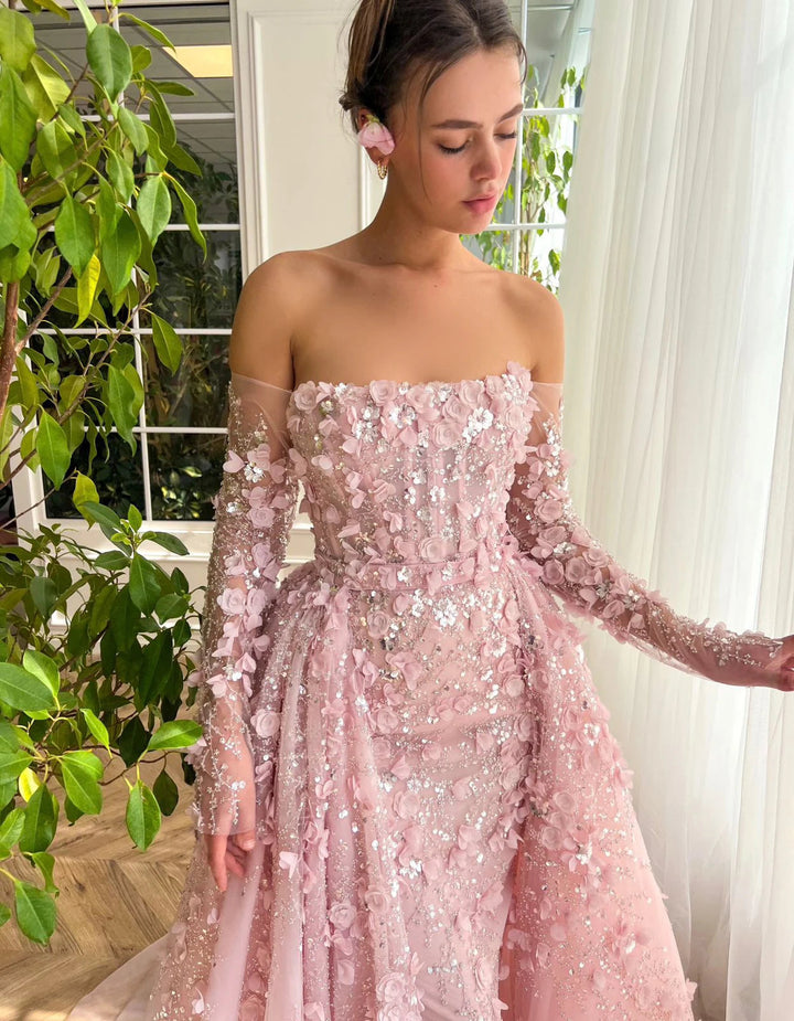 Dreamy Vow Elegant 3D Flowers Pink Luxury Dubai Evening Dress with Overskirt Lilac Long Sleeves Women Wedding Party Gown SS352-DreamyVow