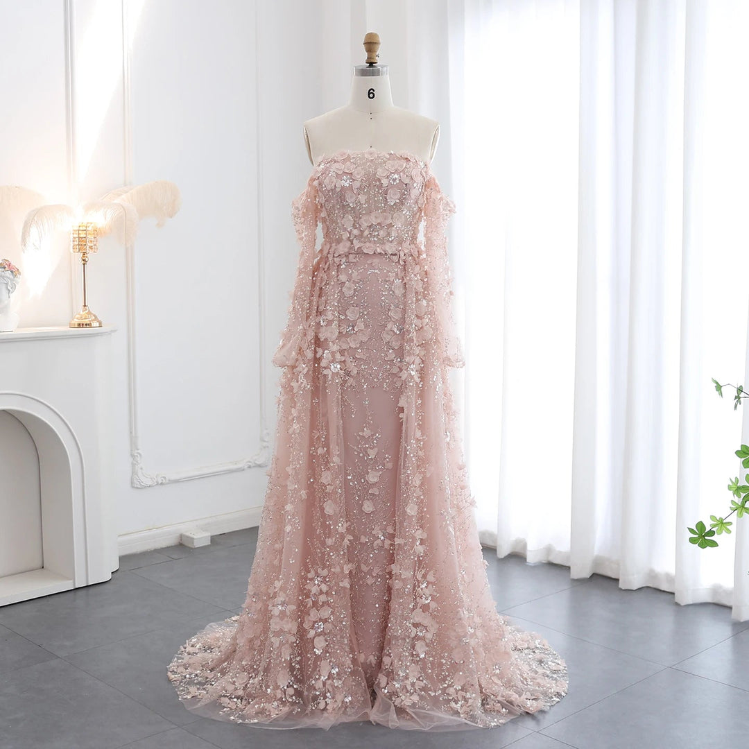 Dreamy Vow Elegant 3D Flowers Pink Luxury Dubai Evening Dress with Overskirt Lilac Long Sleeves Women Wedding Party Gown SS352-DreamyVow