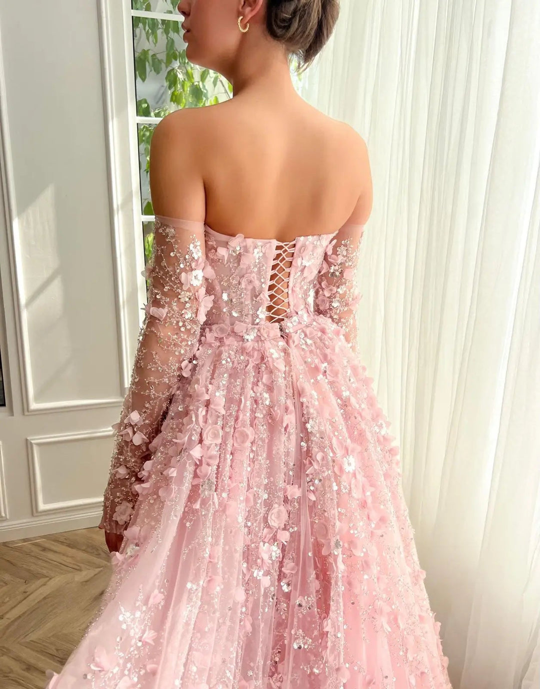 Dreamy Vow Elegant 3D Flowers Pink Luxury Dubai Evening Dress with Overskirt Lilac Long Sleeves Women Wedding Party Gown SS352-DreamyVow