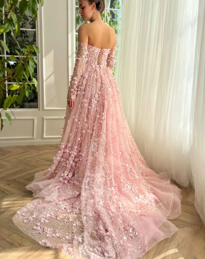 Dreamy Vow Elegant 3D Flowers Pink Luxury Dubai Evening Dress with Overskirt Lilac Long Sleeves Women Wedding Party Gown SS352-DreamyVow