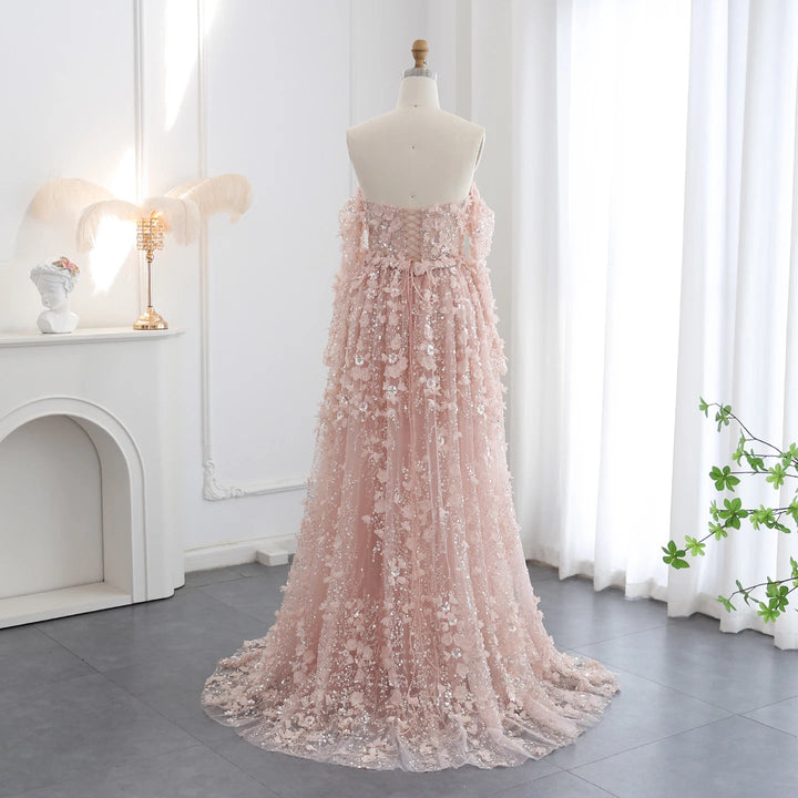 Dreamy Vow Elegant 3D Flowers Pink Luxury Dubai Evening Dress with Overskirt Lilac Long Sleeves Women Wedding Party Gown SS352-DreamyVow