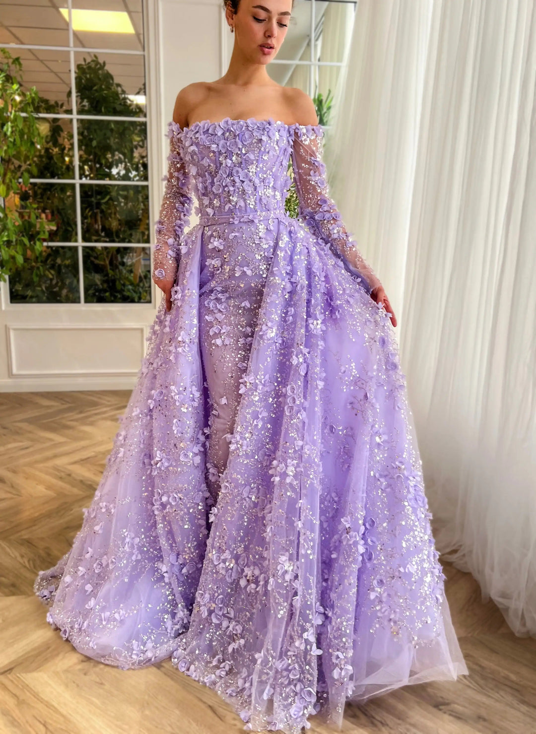 Dreamy Vow Elegant 3D Flowers Pink Luxury Dubai Evening Dress with Overskirt Lilac Long Sleeves Women Wedding Party Gown SS352-DreamyVow