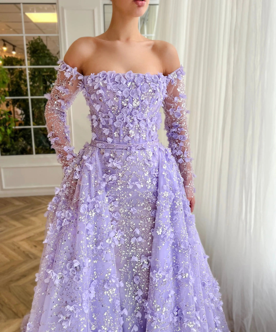 Dreamy Vow Elegant 3D Flowers Pink Luxury Dubai Evening Dress with Overskirt Lilac Long Sleeves Women Wedding Party Gown SS352-DreamyVow