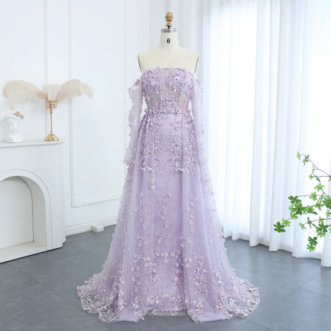 Dreamy Vow Elegant 3D Flowers Pink Luxury Dubai Evening Dress with Overskirt Lilac Long Sleeves Women Wedding Party Gown SS352-DreamyVow