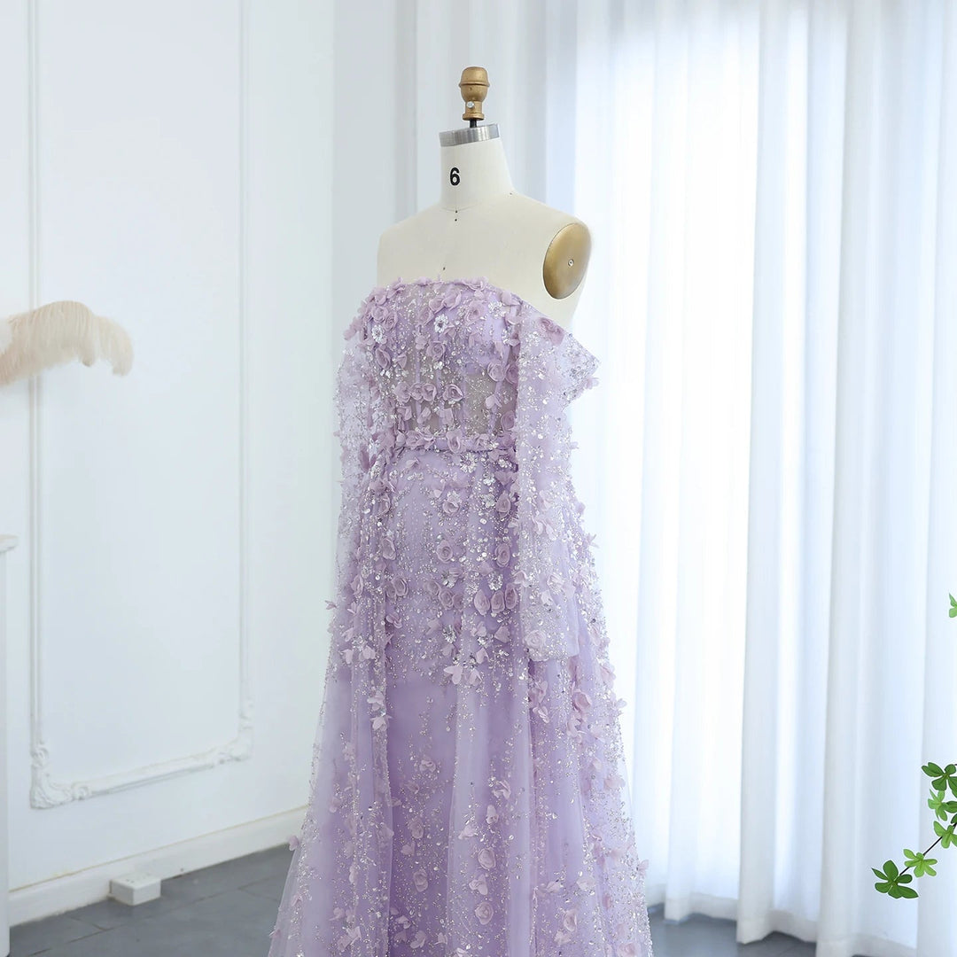 Dreamy Vow Elegant 3D Flowers Pink Luxury Dubai Evening Dress with Overskirt Lilac Long Sleeves Women Wedding Party Gown SS352-DreamyVow