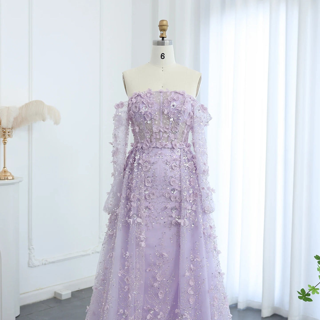 Dreamy Vow Elegant 3D Flowers Pink Luxury Dubai Evening Dress with Overskirt Lilac Long Sleeves Women Wedding Party Gown SS352-DreamyVow