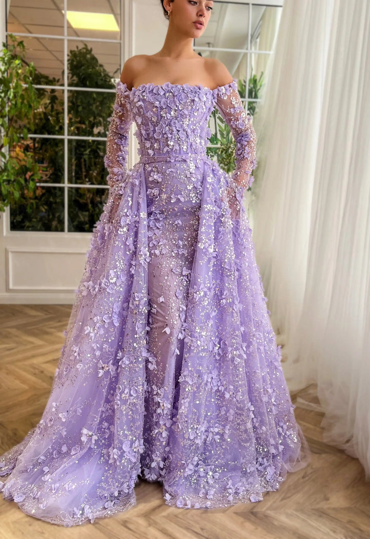 Dreamy Vow Elegant 3D Flowers Pink Luxury Dubai Evening Dress with Overskirt Lilac Long Sleeves Women Wedding Party Gown SS352-DreamyVow