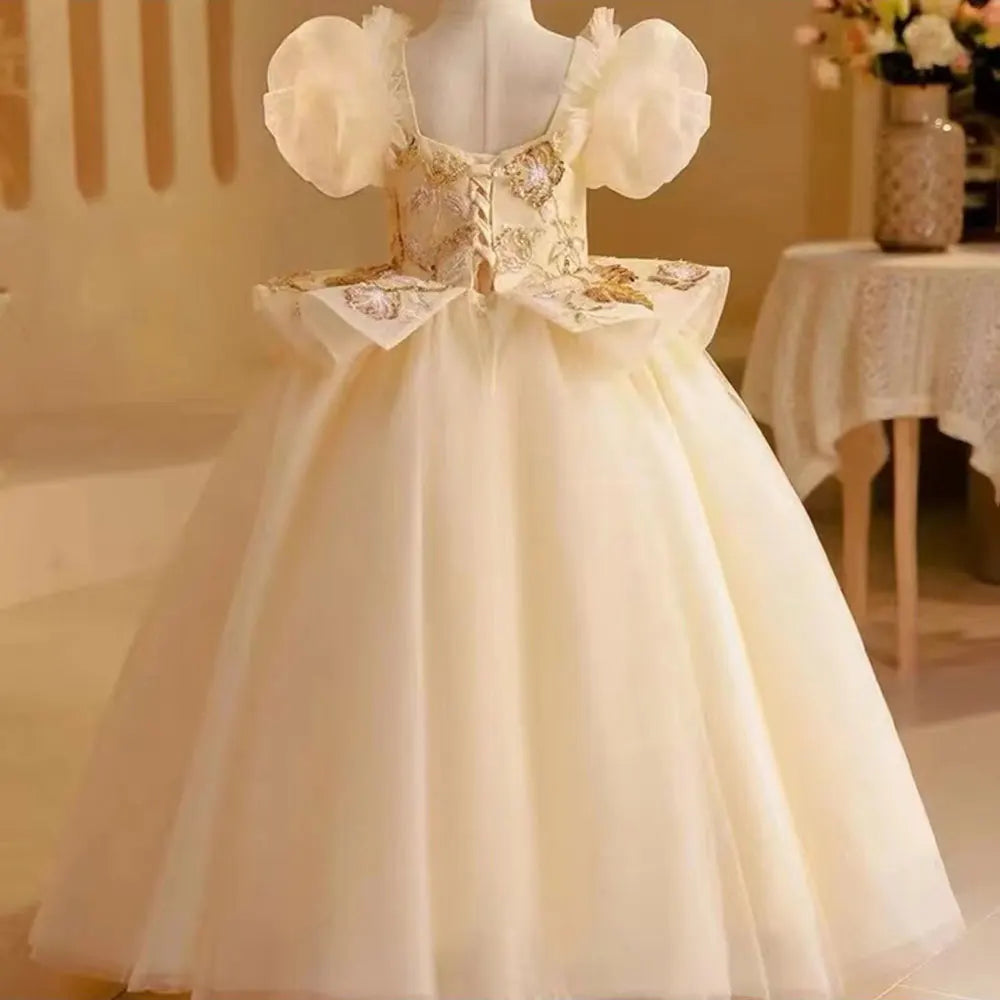 Dreamy Vow Elegant Beige Dubai Girl Dress Beading Arabic Princess Kids Wedding Birthday Party Ball Gown Holy Communion 2024 J243-DreamyVow