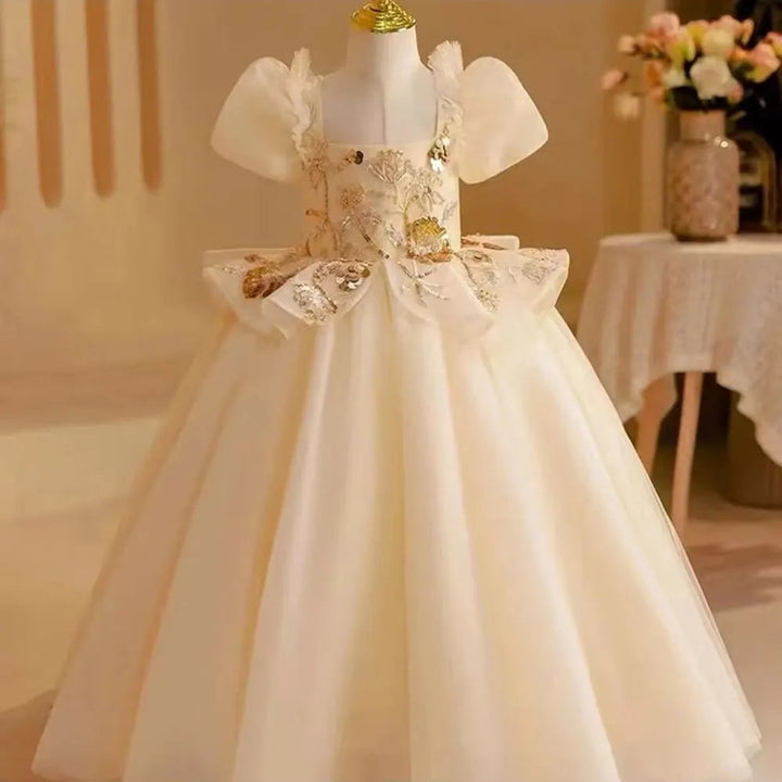 Dreamy Vow Elegant Beige Dubai Girl Dress Beading Arabic Princess Kids Wedding Birthday Party Ball Gown Holy Communion 2024 J243-DreamyVow