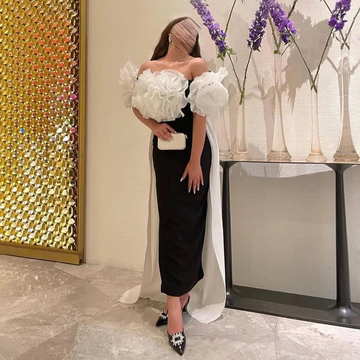 Dreamy Vow Elegant Black and White Mermaid Dress with Cape 3D Flowers Saudi Arabia Dubai Women Wedding Party Gowns 2024 SF018-DreamyVow