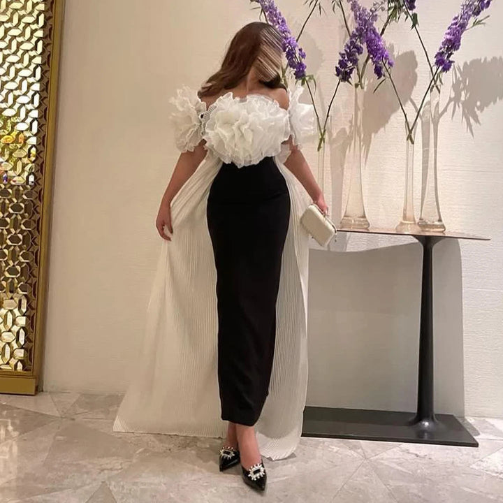 Dreamy Vow Elegant Black and White Mermaid Dress with Cape 3D Flowers Saudi Arabia Dubai Women Wedding Party Gowns 2024 SF018-DreamyVow