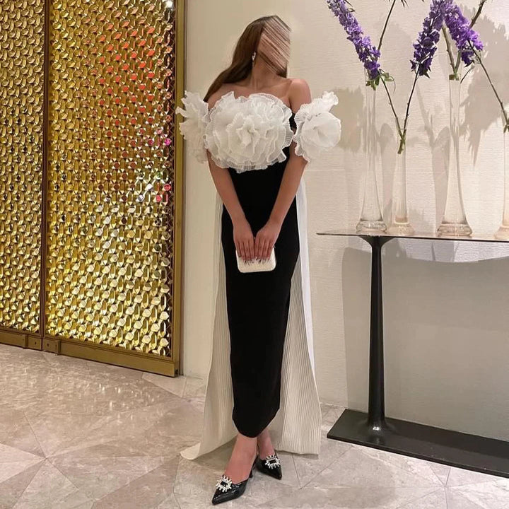 Dreamy Vow Elegant Black and White Mermaid Dress with Cape 3D Flowers Saudi Arabia Dubai Women Wedding Party Gowns 2024 SF018-DreamyVow